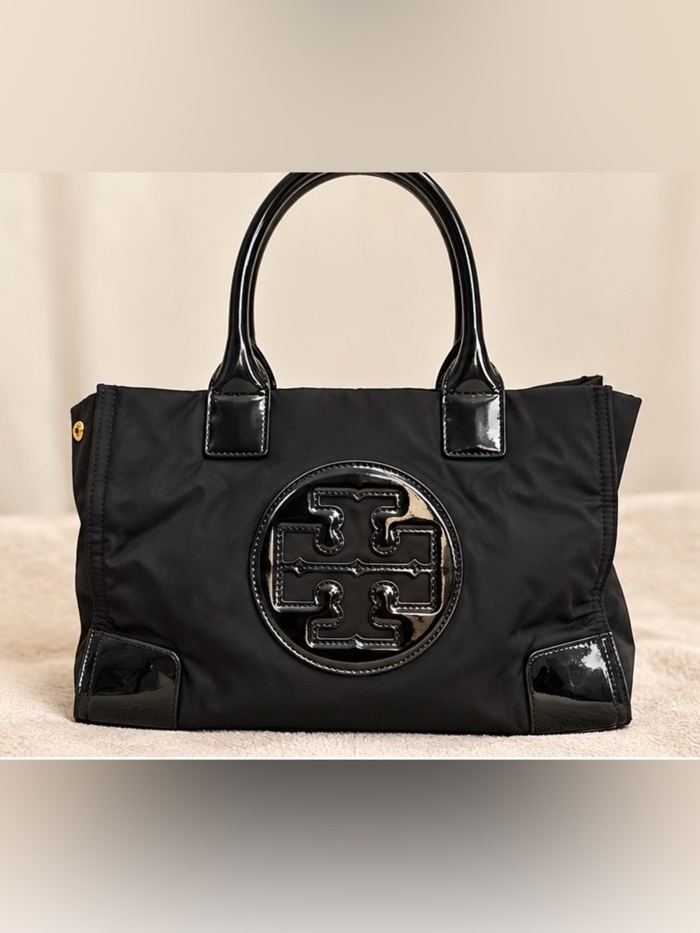 Tory Burch Ella Black Nylon Patent Leather Logo Tote Bag